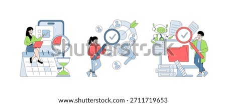 Vector illustration depicting individuals engaging in time management, task organization, and data analysis. Features digital tools like calendars, magnifying glasses, and AI documents.