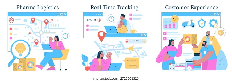 Vector illustration depicting individuals interacting with digital platforms for pharma logistics, real-time tracking, and enhancing customer experience. Emphasizes efficient communication and problem
