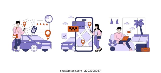 Ilustração vetorial representando indivíduos usando um aplicativo de compartilhamento de carona. A cena inclui uma pessoa com um smartphone à espera de um carro e outra usando um laptop em casa, mostrando tecnologia no transporte.