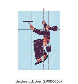 Ilustração vetorial representando um alpinista industrial. Uma personagem feminina em um uniforme é suspensa de uma corda de segurança e lava as janelas de um edifício de vidro. Estilo plano.