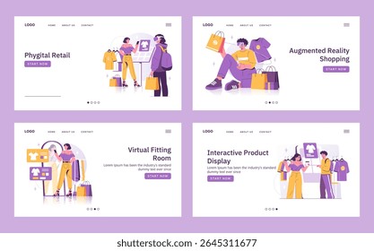 Vector illustration depicting innovative phygital retail concepts. Highlights augmented reality shopping, virtual fitting rooms, and interactive product displays with enthusiastic shoppers.