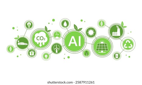 Vector illustration depicting the integration of AI in environmental protection. Ideal for topics like climate change, sustainability, innovation, and eco-friendly solutions, for infographics.