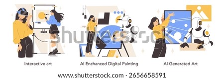 Vector illustration depicting interactive art creation using AI technology. A person in VR headset interacts with a digital canvas while AI assists in generating creative artwork.