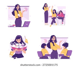 Ilustración vectorial que representa una escena interactiva en el aula con un profesor dirigiendo una discusión. Los estudiantes están escuchando atentamente y participando activamente, demostrando compromiso.