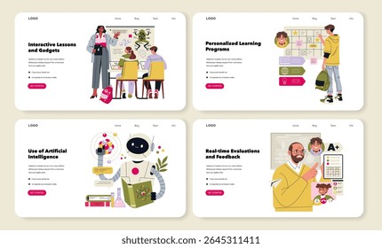 Ilustração vetorial representando lições interativas, aprendizado personalizado, uso da IA na educação e feedback em tempo real. Apresenta alunos e professores em cenários educacionais envolventes.