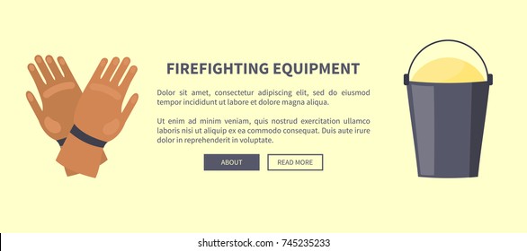 Vector illustration depicting isolated firefighting tools on white namely protective rubber gloves and bucket full of sand with place for text.