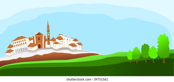 Vector illustration depicting an Italian village and the surrounding countryside