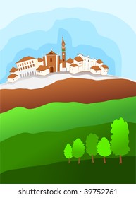 Vector illustration depicting an Italian village and the surrounding countryside