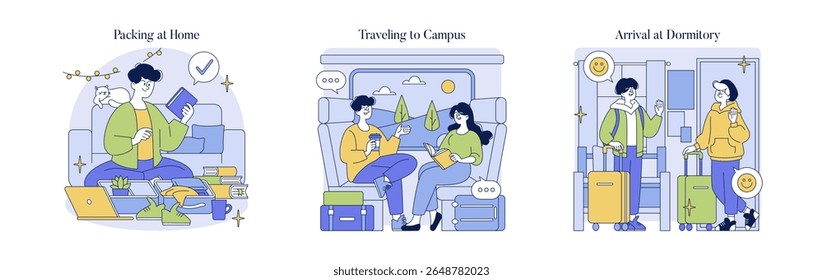 Ilustração vetorial que descreve a jornada dos alunos começando com as malas em casa, viajando para o campus e chegando a um dormitório. Ilustra entusiasmo e preparação para a vida universitária.
