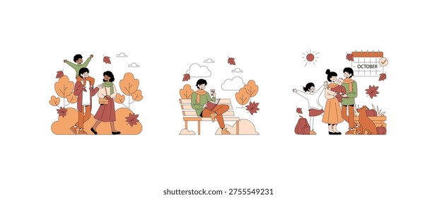 Vector illustration depicting joyful fall activities. A family walks through autumn leaves, a person reads on a bench, and a family with a child and dog enjoys the October outdoors.