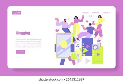 Ilustração vetorial representando pessoas alegres interagindo com conteúdo digital em uma tela. A cena vibrante destaca blogs, interação social e engajamento na mídia digital.