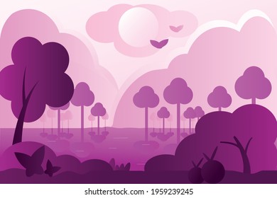 Vector illustration depicting a landscape, executed in pink monochrome tones.