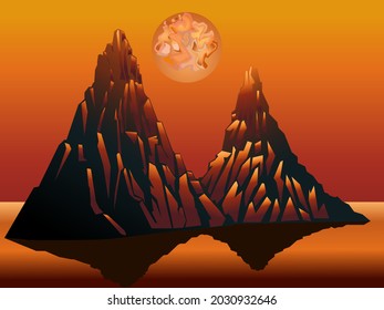 vector illustration depicting a landscape in the form of two mountains and a fantastic planet in the sky in orange tones for prints on the walls and interior decoration