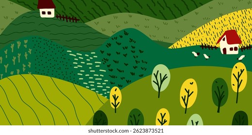 Vector illustration depicting a landscape of hills and fields
