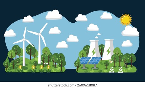 Vector illustration depicting a landscape with renewable and conventional energy sources.  Featuring wind turbines, a solar panel, and a factory with cooling towers
