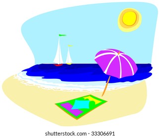 	 Vector illustration depicting a landscape with sea, beach umbrella and towel