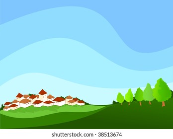 Vector illustration depicting a landscape with village and surrounding countryside