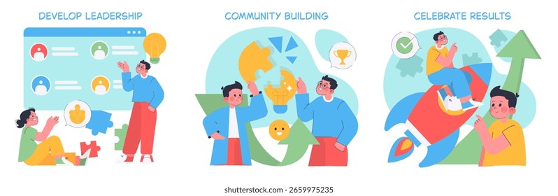 Ilustração vetorial que descreve o desenvolvimento da liderança, a construção da comunidade e os resultados de celebração. Envolvendo recursos visuais com pessoas interagindo para simbolizar o trabalho em equipe e o sucesso.