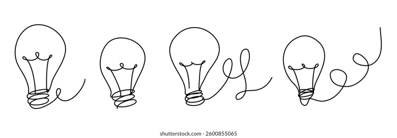 Vector illustration depicting light bulbs hand drawn with continuous lines. Each bulb connects to a playful coil representing energy and flow of ideas. Minimalistic approach emphasizes creativity.