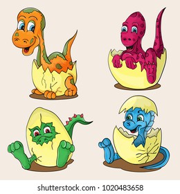 Vector illustration depicting little babies of different dinosaurs in the egg a childs drawing