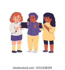 Vector illustration depicting little kids of different genders using tablets and phones. Communication and games using mobile gadgets. Addiction concept. Flat style on isolated background.