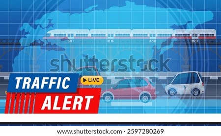 Vector illustration depicting a live traffic alert with cars and a train, featuring a global map background and vibrant colors