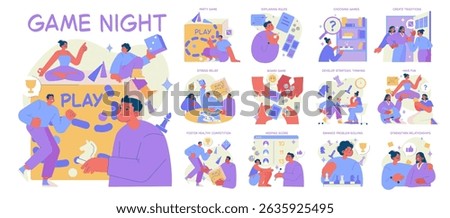 Vector illustration depicting a lively game night with friends engaging in board games. Scenes include choosing games, explaining rules, fostering competition, and having fun.