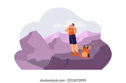 Vector illustration depicting a lost man screaming for help standing on the edge of a cliff. The character got lost while exploring a mountainous area. Created in flat cartoon style.