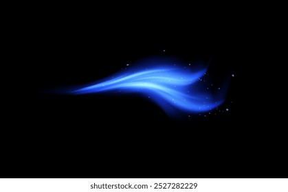 Ilustração vetorial representando um efeito de vento azul mágico com um vórtice dinâmico de partículas de ar luminosas isoladas em um fundo preto. Ideal para design moderno