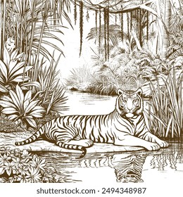 Vector Illustration depicting a majestic tiger basking on the banks of a serene jungle , handdraw