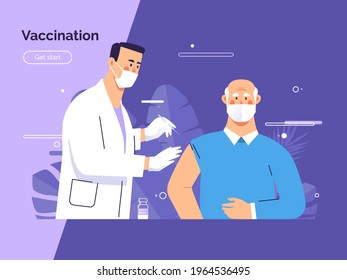 Vector illustration depicting a male doctor vaccinates an old man patient against coronavirus.