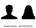 A vector illustration depicting male and female face silhouettes or icons, serving as avatars or profiles for unknown or anonymous individuals. The illustration portrays a man and a woman portrait.
