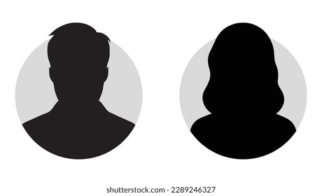 A vector illustration depicting male and female face silhouettes or icons, serving as avatars or profiles for unknown or anonymous individuals. The illustration portrays a man and a woman portrait. - Shutterstock ID 2289246327