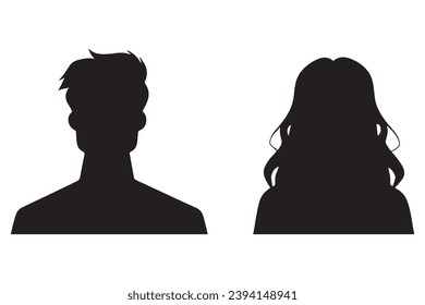 Ilustración vectorial que representa siluetas o íconos faciales masculinos y femeninos, sirviendo como avatares o perfiles para individuos desconocidos o anónimos. La ilustración muestra un retrato de hombre y mujer.