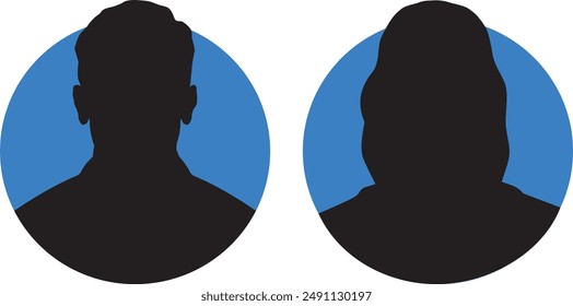 Vector illustration depicting male and female face silhouettes or icons, serving as avatars or profiles for unknown or anonymous individuals on a blue background. The illustration depicts a portrait o