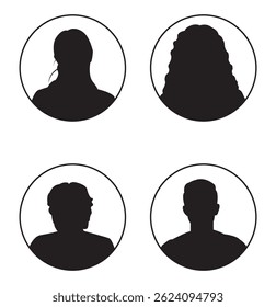vector illustration depicting male and female face silhouettes or icons, serving as avatars or profiles for unknown or anonymous individuals.  
