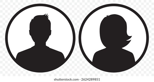 A vector illustration depicting male and female face silhouettes or icons, serving as avatars or profiles for unknown or anonymous individuals. The illustration portrays man and woman portrait. EPS10.