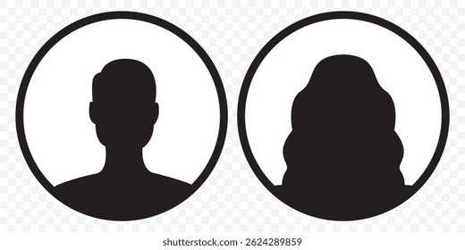 A vector illustration depicting male and female face silhouettes or icons, serving as avatars or profiles for unknown or anonymous individuals. The illustration portrays man and woman portrait. EPS10.