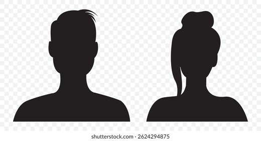 A vector illustration depicting male and female face silhouettes or icons, serving as avatars or profiles for unknown or anonymous individuals. Man and woman head icon silhouette. EPS 10.