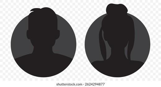 A vector illustration depicting male and female face silhouettes or icons, serving as avatars or profiles for unknown or anonymous individuals. Man and woman head icon silhouette. EPS 10.