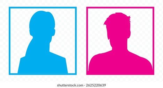 A vector illustration depicting male and female face silhouettes or icons, serving as avatars or profiles for unknown or anonymous individuals. The illustration portrays a man and a woman portrait.