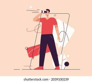 Vector illustration depicting a man looking through binoculars on the subject of searching of future opportunities and new ideas. Editable stroke.