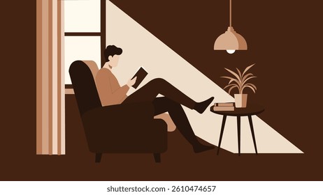 Vector illustration depicting a man relaxing and reading a book at home. This cozy indoor scene with minimalist style and warm brown tones is perfect for websites, blogs