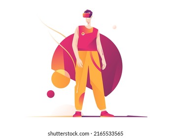 A vector illustration depicting a man in a virtual reality headset immersed in a fantasy space.