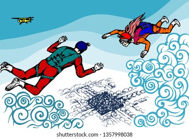 Vector Illustration Depicting Man And Woman Doing Sky Diving Above Historic Monument Site - Southeast Asian Temple Site. 