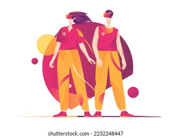 A vector illustration depicting a man and woman in a virtual reality headsets.