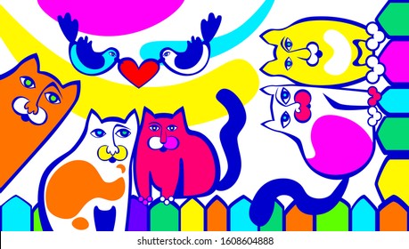 A vector illustration depicting March cats, which are a symbol of the spring of love, joy, happiness, made in a decorative style and bright saturated primary colors from a color circle on a white back