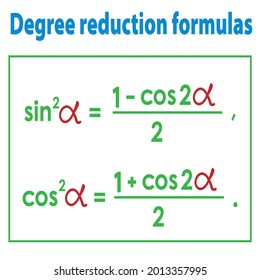 vector illustration depicting mathematical formulas for reducing the degree of trigonometric functions for prints on educational posters and banners, and for interior design of mathematical classrooms