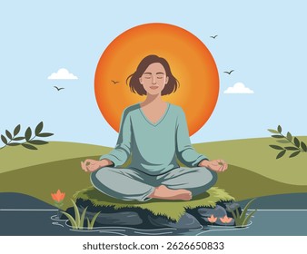 Ilustração vetorial representando a meditação na natureza. Uma linda menina fazendo yoga.lotus posição. menina fazendo uma prática de meditação de uma ana.