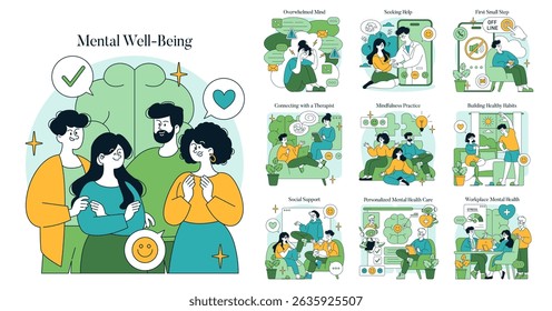 Vector illustration depicting mental well-being with supportive interactions. Scenes include therapy, mindfulness, healthy habits, and workplace mental health, promoting a balanced lifestyle.